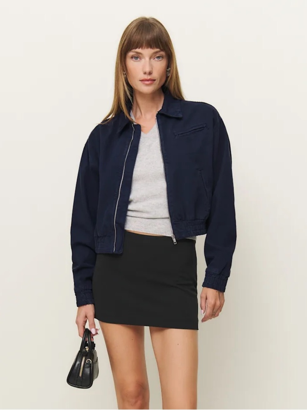 NWT Reformation Kinsley Denim Cropped Navy Bomber Jacket